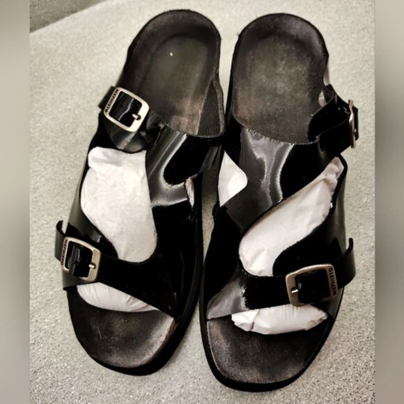 Mephisto Black Patent Strappy Wedge Heel Sandals Sz 9 Shoes - Picture 7 of 16